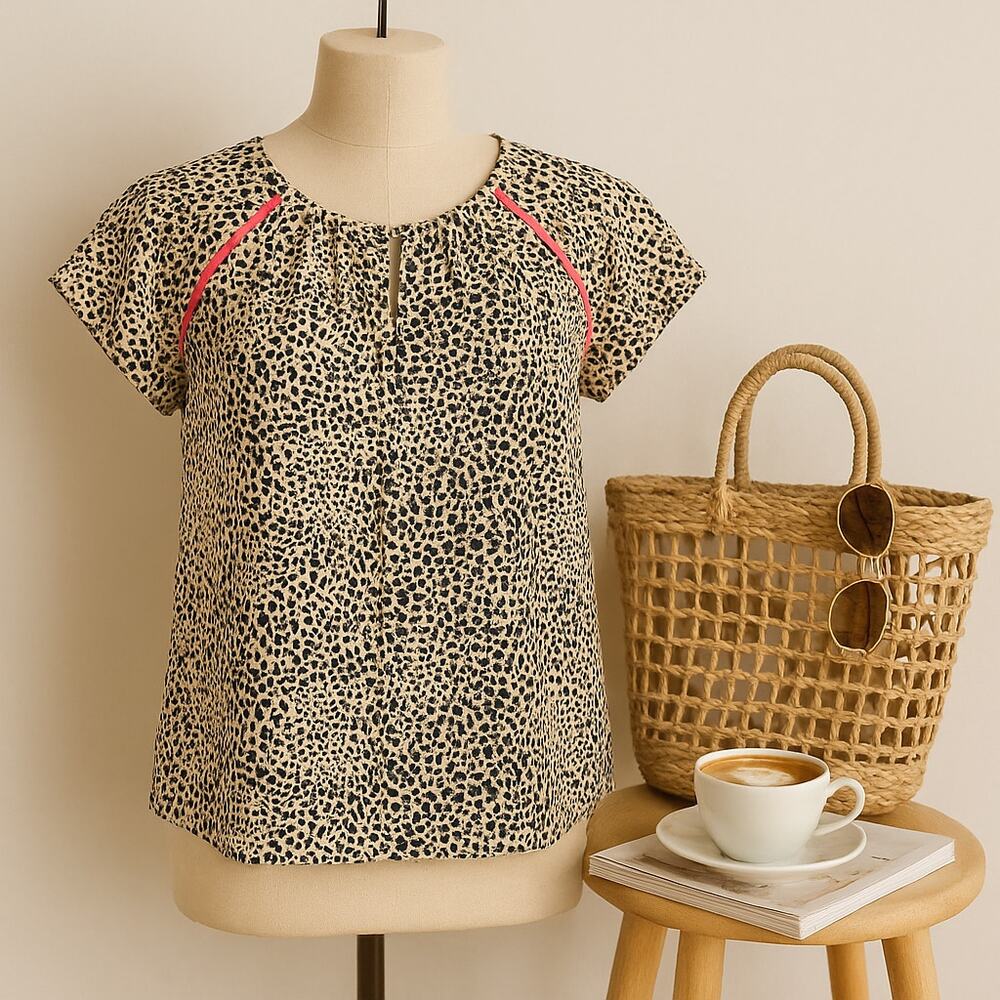 Creative Commune Navy Cheetah Print Keyhole Silky | Womens Blouse Size Medium